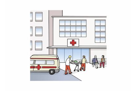 Die Grafik zeigt ein Krankenhaus mit Krankenwagen davor und einer Person auf einer Liege.