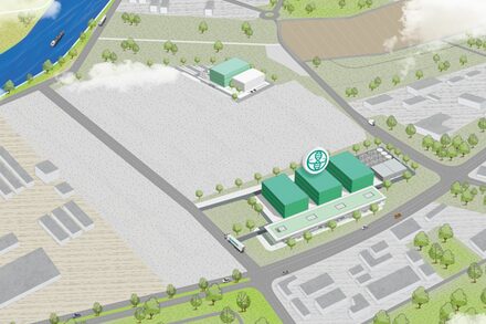 Illustration der Standorte von BioSpring auf dem Innovationscampus. Es sind vier grüne Gebäude zu sehen.