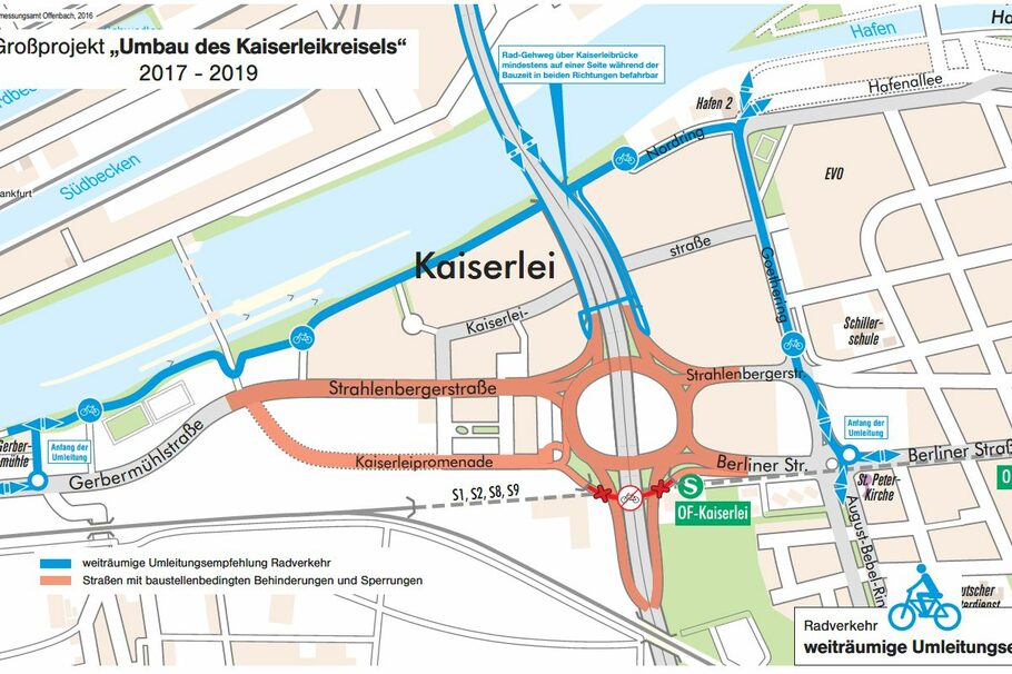 Karte zeigt Umleitung für Radfahrer am Kaiserlei