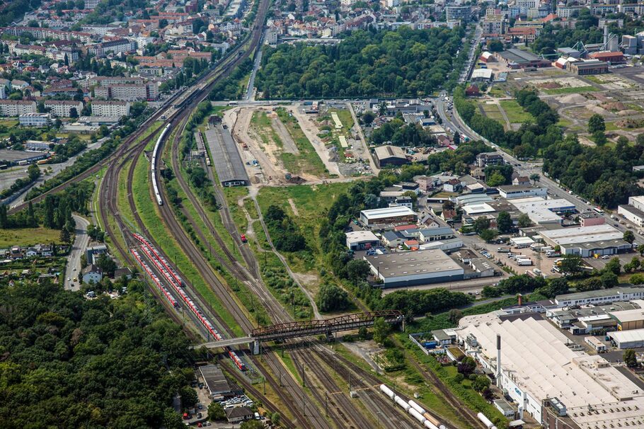 Luftbildaufnahme des ehemaligen Güterbahnhofareals 2021