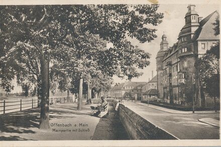 Die historische Postkarte zeigt den Maindamm, eine Baumallee und ein Schloss.