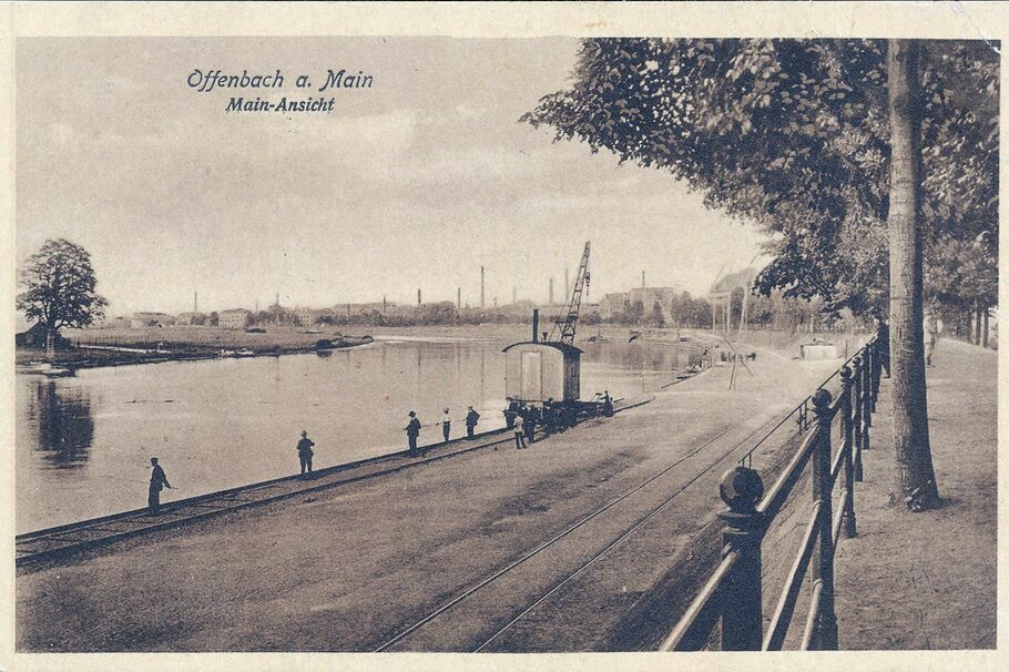 Die Postkarte von 1916 zeigt den Maindamm, den Fluss Main und eine Baumallee.