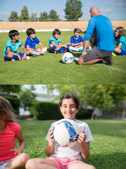 Bild oben: Jungs sitzen im Kreis auf der Wiese mit dem Fußballtrainer. Bild unten: Mädchen sitzt auf einer Wiese und hält einen Ball
