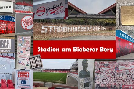 Montage von verschiedenen Fotos aus Offenbach, auf denen die Worte Offenbach oder Stadion am Bieberer Berg zu sehen sind.