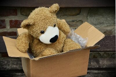 Ein Teddy in einem Karton.