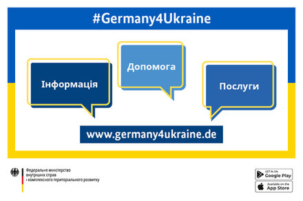 Grafik des Portals Germany4Ukraine mit Webadresse und Sprechblasen