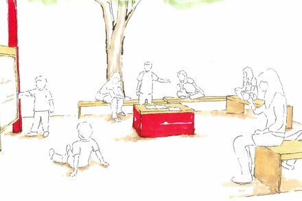 Skizze, auf der Kinder auf Bänken sitzen, zwischen den Kindern steht ein roter Kubus.