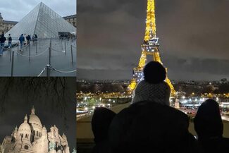 Collage aus drei Fotos mit Sehenswürdigkeiten in Paris, darunter den Eiffelturm.