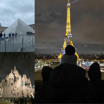 Collage aus drei Fotos mit Sehenswürdigkeiten in Paris, darunter den Eiffelturm.