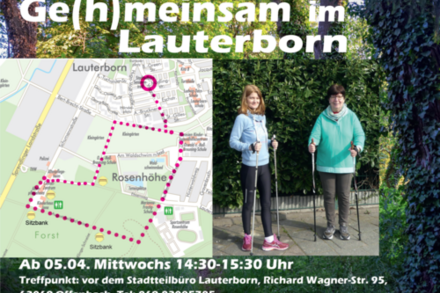 Auf dem Foto sind zwei Frauen mit Nordic Walking Stöcken, eine Stadtteilkarte von Offenbach und der Text Ge(h)meinsam in Lauterborn angebildet.