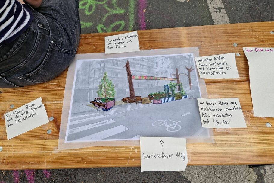 Skizzen zur Gestaltung des Pocketparkes liegen auf einem Tisch.