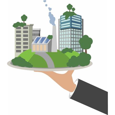 Grafik mit Gebäuden und Unternehmen mit Begrünung und Solarzellen