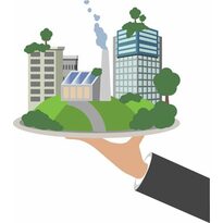 Grafik mit Gebäuden und Unternehmen mit Begrünung und Solarzellen