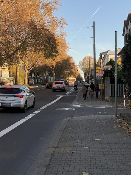 Fahrradstreifen auf der Bieberer Straße stadtauswärts