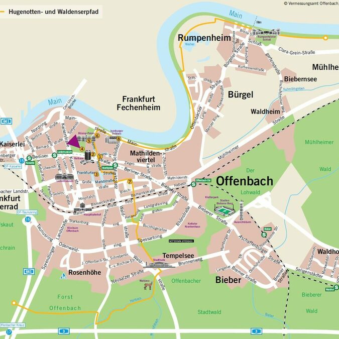 Karte des Hugenotten- und Waldenserpfades in Offenbach
