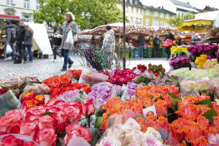 Große Blumenauswahl mit verschiedenen Rosen, im Hintergrund Besucherinnen und Besucher des Wochenmarktes.