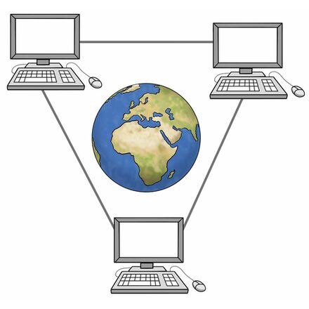 Weltkugel mit drei verbundenen Computern