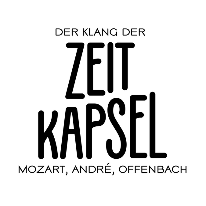 Logo André Ausstellung mit Schriftzug der Klang der Zeitkapsel Mozart, André, Offenbach