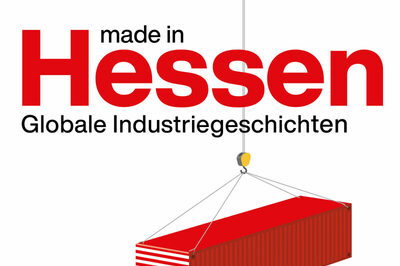 Logo der Ausstellung Made in Hessen mit Container der verladen wird