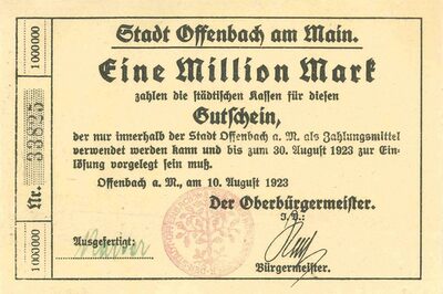 Eine Million Mark, herausgegeben von der Stadt Offenbach