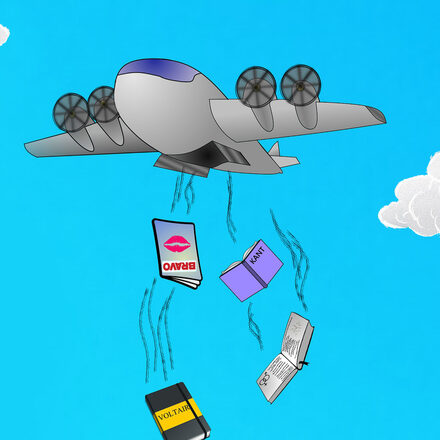Illustration mit einem Flugzeug aus dem Bücher fallen.