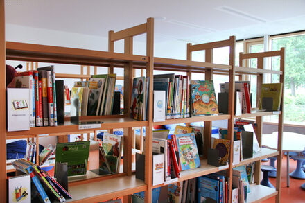 Regal mit Büchern in der Schulbibliothek Schule Bieber-Waldhof