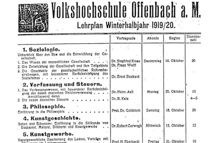 Der erste Lehrplan der Volkshochschule Offenbach, 1919