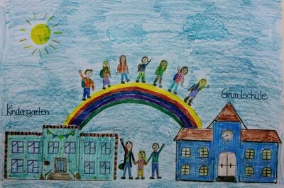 gemaltes Bild: Kindegarten, Grundschule, Regenbogen, Kinder und Eltern