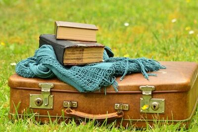 Koffer auf einer Wiese, oben drauf liegt ein grüner Schal und Bücher