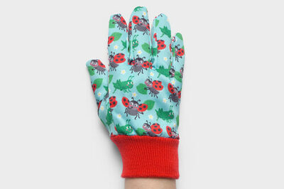 Ein bunter Handschuh mit Marienkäfern und Heuschrecken.