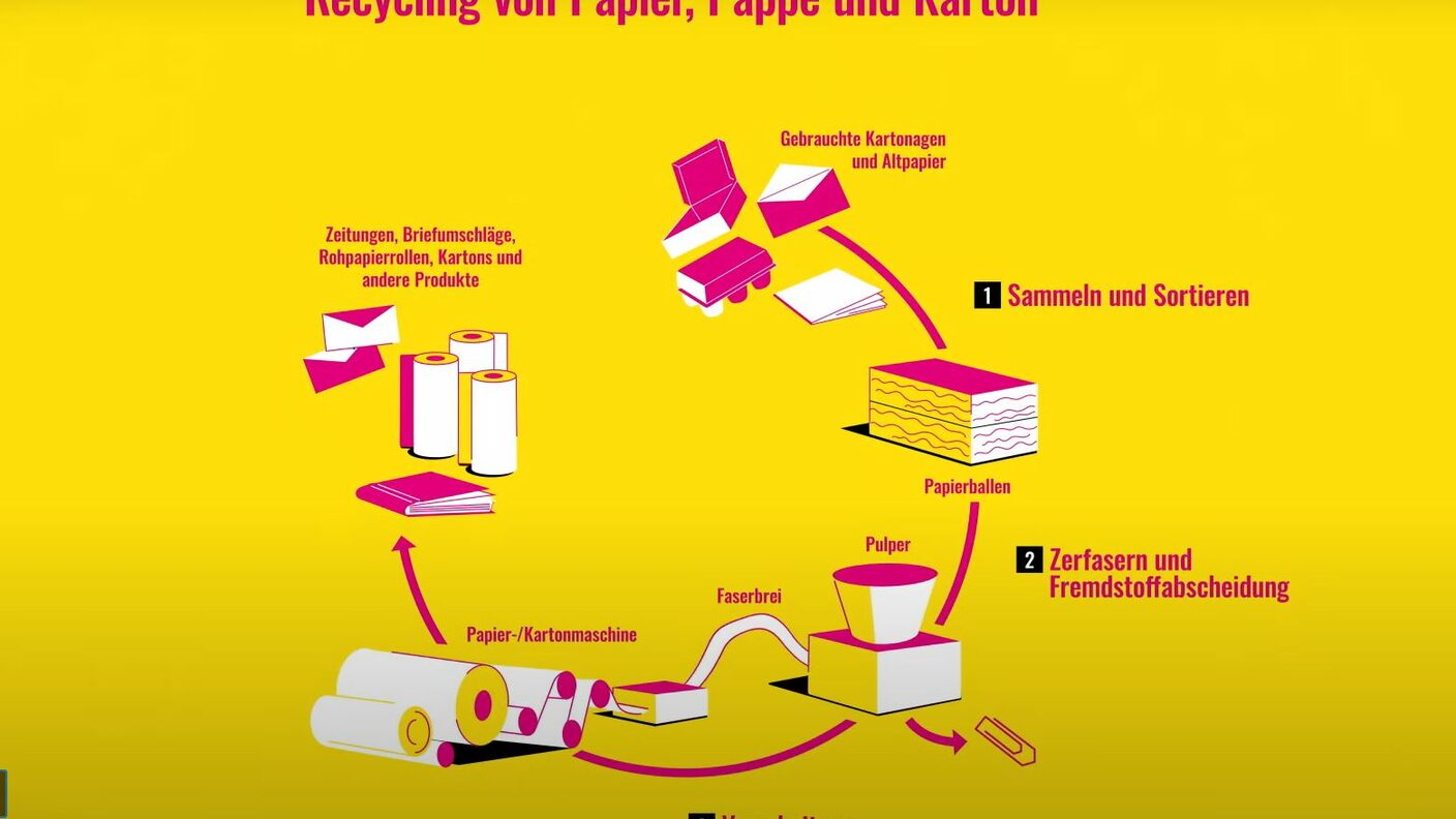 Das Video erklärt, wie Altpapier recycelt wird.