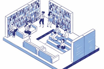 Zeichnung zeigt Menschen, die in einer Bibliothek sitzen oder an Bücherregalen stehen.