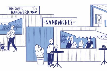Die Zeichnung zeigt zwei Läden mit regionalem Handwerk und Sandwiches sowie eine Bühne auf der eine Band Musik spielt.