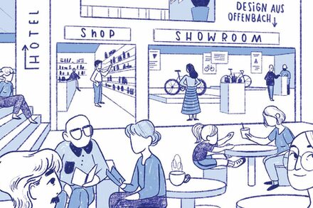 Die Zeichnung zeigt ein Geschäft und ein Showroom mit Tischen eines Cafès davor, an denen verschiedene Personen sitzen.