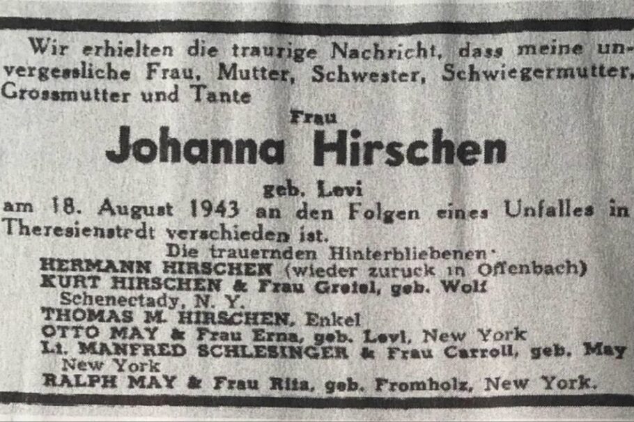 Todesanzeige für Johanna Hirschen